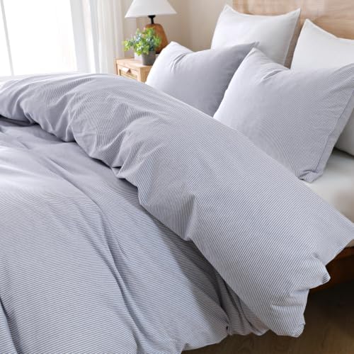 TOCOMOA Blue Striped Duvet Cover Set 100% Washed Cotton Like Linen, Queen