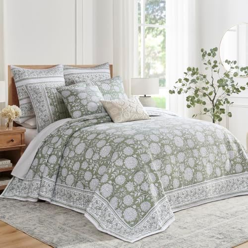 Levtex Home – Adare Sage Bedspread Set – Queen Bedspread (110x106in.) and 2 Standard Shams (20x26in.) – Floral Botanical Design – Sage and White – Reversible – Cotton
