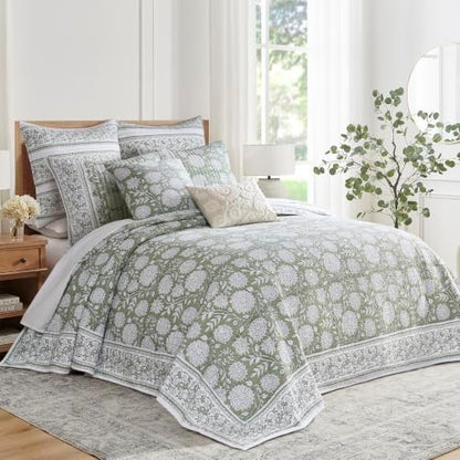 Levtex Home – Adare Sage Bedspread Set – Queen Bedspread (110x106in.) and 2 Standard Shams (20x26in.) – Floral Botanical Design – Sage and White – Reversible – Cotton