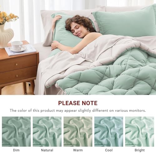 MUXHOMO 7 Pieces King Comforter Set, Reversible Bed in a Bag King Size, All Season Bedding Set with Comforter, Flat Sheet, Fitted Sheet, Pillowcases & Shams, Sage Green & Beige