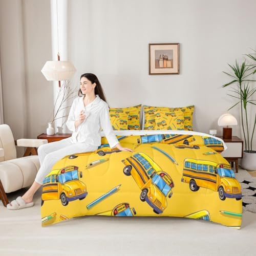 Erosebridal School Bus Queen Bed in A Bag for Home, School Truck Comforter Set with Sheets for Kids Boys Girls Teens Bedroom Decor, Cartoon Car Theme 7 Pcs Bedding Set, Yellow Bed Sets