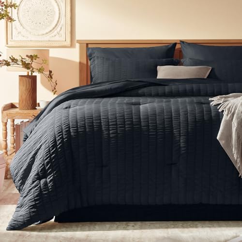 Laojin Balhen Queen Comforter Set 7 Pieces, Black Seersucker Bed in a Bag Set Queen Size, All Season Luxury Bedding Sets with Comforter, Sheets, Pillowcase & Sham