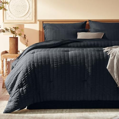 Laojin Balhen Queen Comforter Set 7 Pieces, Black Seersucker Bed in a Bag Set Queen Size, All Season Luxury Bedding Sets with Comforter, Sheets, Pillowcase & Sham