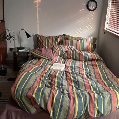 mixinni Vintage Striped Duvet Cover Set Twin Size - 3 Piece 100% Washed Cotton Bedding Set, Soft & Breathable, Colorful Striped Pattern Printed Comforter Cover for All Seasons