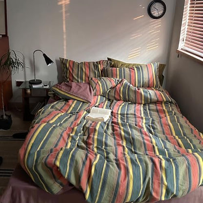 mixinni Vintage Striped Duvet Cover Set Twin Size - 3 Piece 100% Washed Cotton Bedding Set, Soft & Breathable, Colorful Striped Pattern Printed Comforter Cover for All Seasons