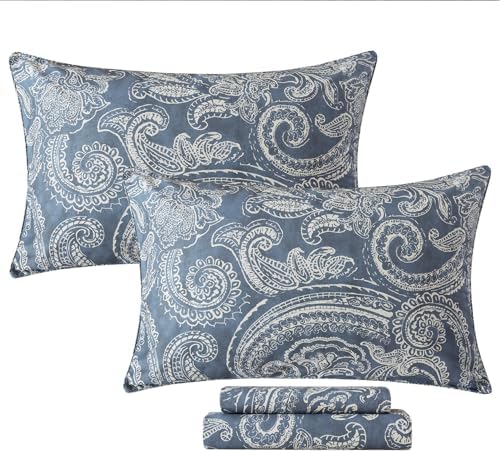 FADFAY Twin Sheet Set – 4 Piece Bed Sheets for Twin Size Bed, Vintage Blue Grey Paisley Floral Pattern Soft and Breathable 100% Cotton, Includes 1 Fitted Sheet, 1 Flat Sheet and 2 Pillowcases