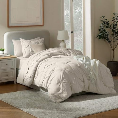 Nestl 7 Piece Twin XL Comforter Set – Beige Pinch Pleated Bed in a Bag – Complete Twin XL Size Bedding Set with Sheets, Set of 2 Cooling Pillows, Pillowcase and Sham