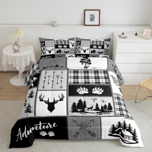 Deer Bear Comforter Set King Size,Pine Trees Christmas Bedding Set for Kids Boys Girls Adults Room Decor,Camping Adventure Rustic Farmhouse Down Comforter,Black Retro Duvet Insert,2 Pillowcases