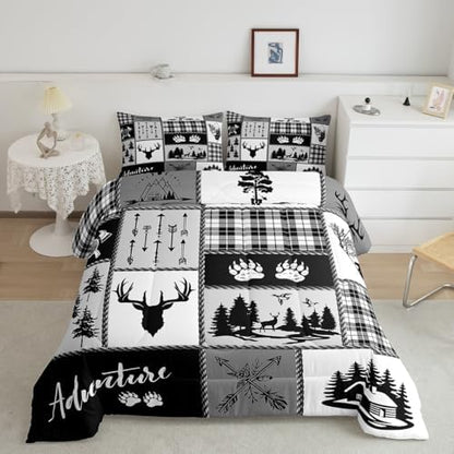 Deer Bear Comforter Set King Size,Pine Trees Christmas Bedding Set for Kids Boys Girls Adults Room Decor,Camping Adventure Rustic Farmhouse Down Comforter,Black Retro Duvet Insert,2 Pillowcases