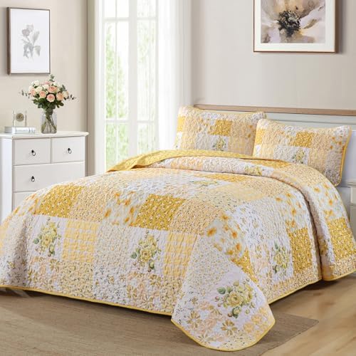 Mybedsoul Boho Quilts Queen Size, Patchwork Reversible Bedding Set, Yellow