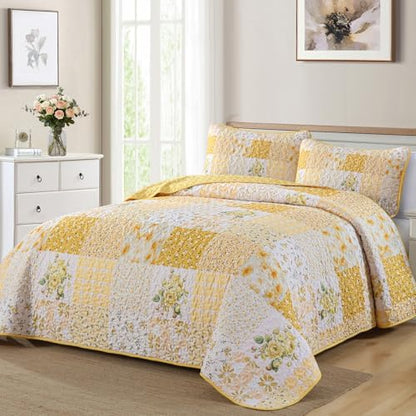 Mybedsoul Boho Quilts Queen Size, Patchwork Reversible Bedding Set, Yellow