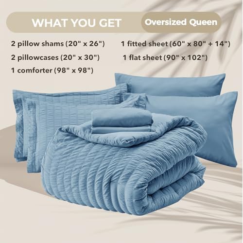 HYMOKEGE Mineral Blue Oversized Queen Comforter Set Seersucker 7 Pieces, All Season Luxury Bed in a Bag for Bedroom, Bedding Set with Comforter, Sheets, Pillowcases & Shams