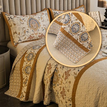 Bohemian Queen Size Quilt Comforter Sets 3 Pieces Quilts (1 Quilt, 2 Pillow Shams) Nordic Bedding Set Printed Coverlet with Pillowcase Lightweight Bedspread Set for All Seasons(Yellow)