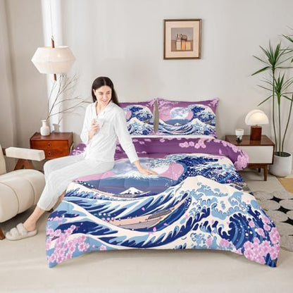 Homewish Japanese Cherry Blossoms Comforter Set Queen Size Fuji Mountain Bedding Set 3pcs for Girls Boys Teens Kids Bedroom Decor Ukiyoe Sea Wave Quilt Set Exotic Blue Pink Duvet Insert,2 Pillowcases