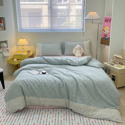 LifeTB Polka Dots Comforter Set King Aesthetic Princess Style Lace Comforter with 2 Pillowcases Fluffy Soft Cute Black Dots Bedding Set Lightweight Romantic Lace Design Reversible Bed Comforter Set