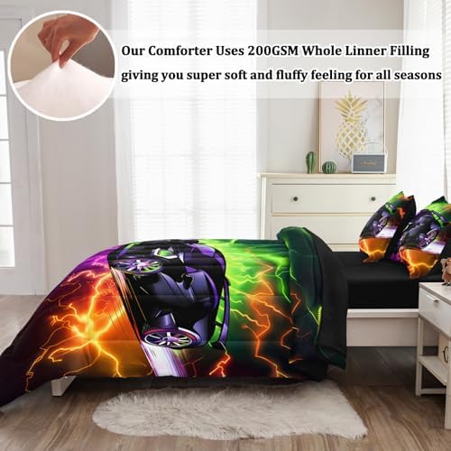 5 Pcs Car Comforter Sets for Boys, Cool Purple Green Lightnings Bed in A Bag Full Size Car Bedding Set for Boys Teens