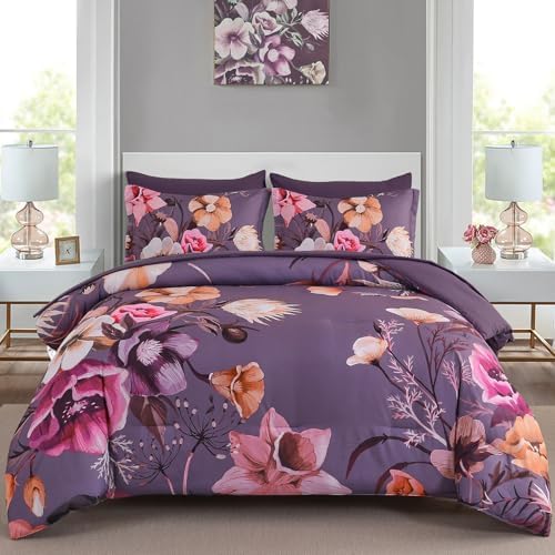 Luxudecor Floral Comforter Set Queen Size 7 Piece, Purple Flower Bed in a Bag, Elegant Floral Comforter Bed Set with Sheet Set, Soft Microfiber Bedding Set for All Season (90"x90")
