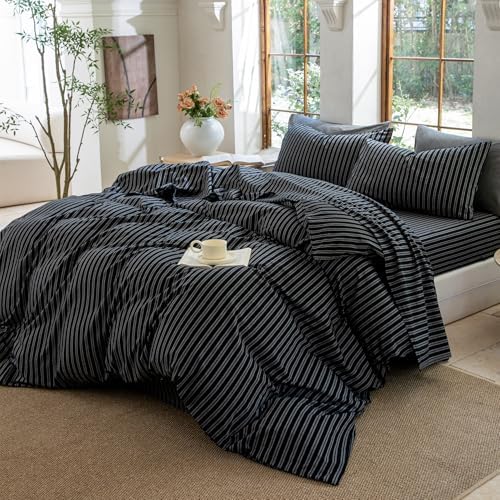 Striped Duvet Cover Set Full Size 3 Piece 100% Washed Cotton Linen Feel Bedding Comfy Breathable Modern Farmhouse (Full, Double Stripe-Black/White)
