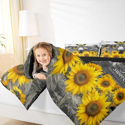 Erosebridal Donkey Comforter Set - Queen Size Funny Farm Animal Bedding 3 Piece for Boys & Girls - Rustic Farmhouse Sunflower Duvet Insert - Cute Farm Donkey Print Quilt with 2 Pillowcases
