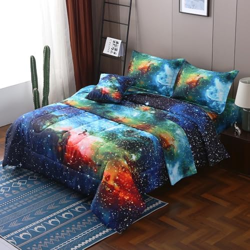 JQinHome Queen Galaxy Comforter Sets 6 Piece Bed in A Bag, Outer Space Themed Bedding for Children Boy Girl Teen Kids,1 Comforter, 1 Flat Sheet, 1 Fitted Sheet, 2 Pillowshams, 1 Cushion Cover(Blue)