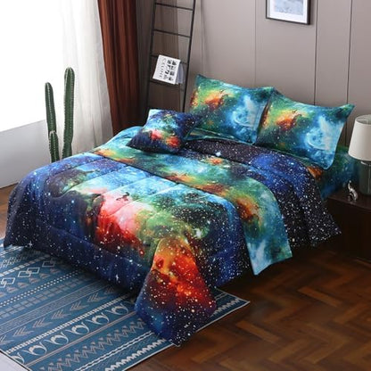 JQinHome Queen Galaxy Comforter Sets 6 Piece Bed in A Bag, Outer Space Themed Bedding for Children Boy Girl Teen Kids,1 Comforter, 1 Flat Sheet, 1 Fitted Sheet, 2 Pillowshams, 1 Cushion Cover(Blue)