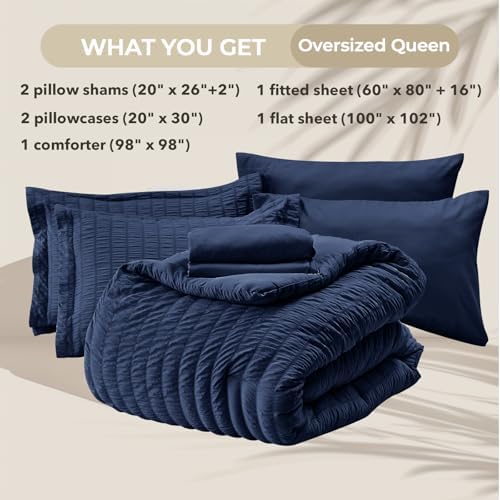 HYMOKEGE Navy Blue Oversized Queen Comforter Set Seersucker 7 Pieces, All Season Luxury Bed in a Bag for Bedroom, Bedding Set with Comforter, Sheets, Pillowcases & Shams