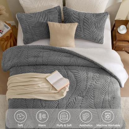 BEDELITE Fluffy Sherpa King Comforter Set,Leaf-Grey