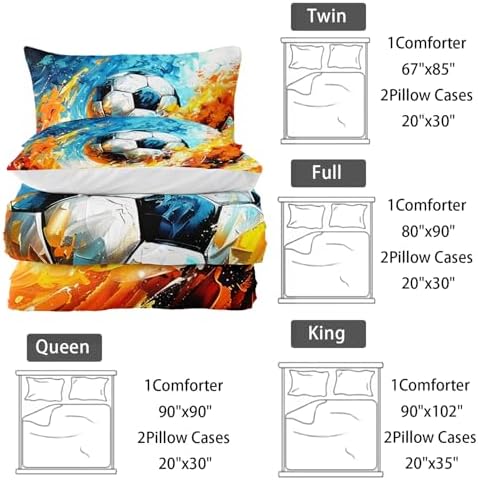 Nttopship Sports Soccer Comforter Set King Size Bedding Sets 3PCS for Kids Teen Adult Sports Room Decor Ultra-Soft Lightweight Microfiber 1 Comforter with 2 Pillowcases