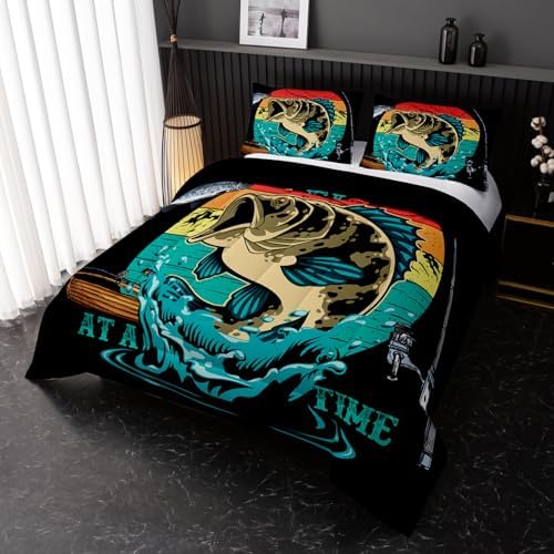 Nttopship Big Pike Fish Comforter Set,Bass Fishing Comforter Set for Boys Girls Children Fishing and Hunting Room Decor Twin Size with 2 Pillow Case