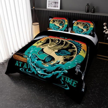 Nttopship Big Pike Fish Comforter Set,Bass Fishing Comforter Set for Boys Girls Children Fishing and Hunting Room Decor Twin Size with 2 Pillow Case