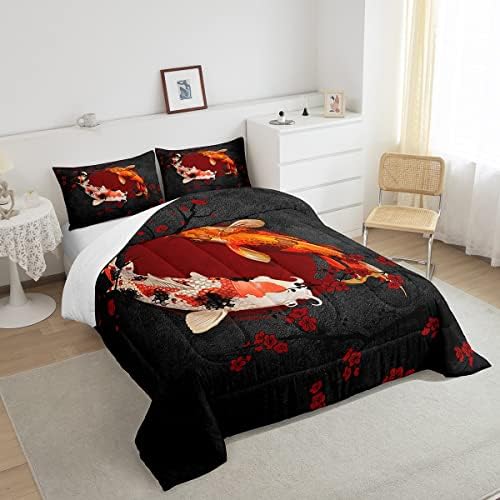 Koi Fish Kids Comforter Set King Size,Marine Animals Cherry Blossom Branch Romantic Bedding Set,Girls Boys Adults Xmas Decor,Japanese Ukiyo-e Down Comforter,Red Black Duvet Insert,2 Pillowcases
