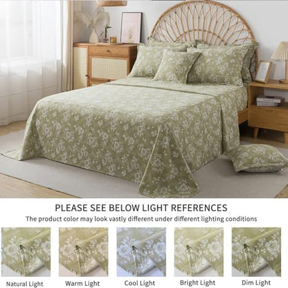 FADFAY Sage Green Sheets Set King 100% Cotton Washed Double Gauze Muslin Bedding 4Pcs Vintage Rose Floral Sheets Shabby Cottagecore Bedding Super Soft & Breathable Deep Pocket Fitted Sheet, King Size
