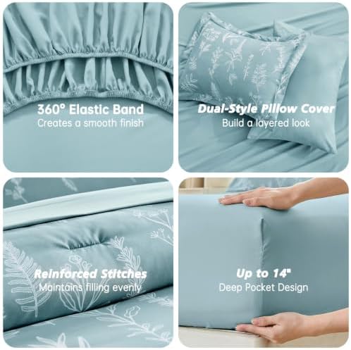 MUXHOMO Oversized Queen Comforter Set, Gray Blue Elegant Floral Print Bed in a Bag 7 Pieces, Soft & Breathable Reversible Botanical Pattern Bedding Set with Comforter, Sheets, Pillowcases & Shams