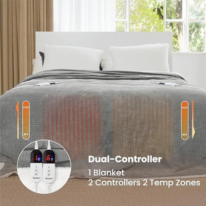 Heated Blanket Electric Blanket Queen Waffle,84x90 Inches Sherpa Fleece Fast Heating Blanket 6 Heating Levels & 10 Hours Auto Off ETL Certification, Grey Queen
