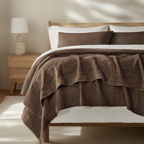 EVERGRACEHOME Cotton Ribbed Matelassé Coverlet Set, King, Sienna Brown