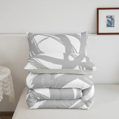 Erosebridal Gray and White Abstarct Queen Comforter Set for Adult Women Men, Geometric Striped Bedding Set for Minimalists,Graffiti Aesthetic Lines Quilt,Contemporary Boho Modern Art Duvet Insert