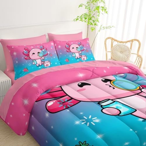 QOOMO Axolotl 7 Pieces Comforter Set Queen,Salamander Bedding Set for Kids