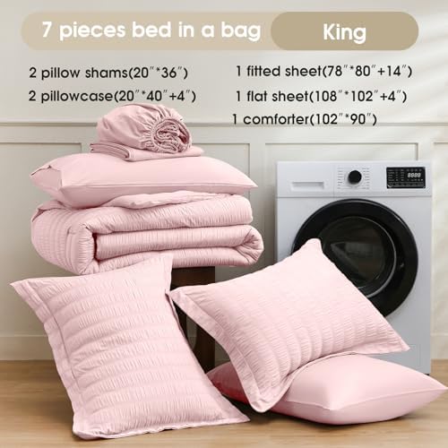 FreshCulture Comforter Set Seersucker 7 Pieces, All Season Bedding Set King, Bed in a Bag Comforter Set with 1 Comforter, 1 Flat Sheet, 1 Fitted Sheet, 2 Pillowcases and 2 Pillow Shams, Pink
