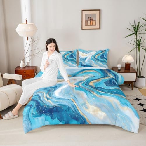 jejeloiu Teal Marble Kids Comforter Set King Size Modern Marble Aesthetic Bedding Set Retro Watercolor Duvet Quilt for Kids Boys Girls Bedroom Abstract Texture Decor Microfiber Ultra Soft Breathable