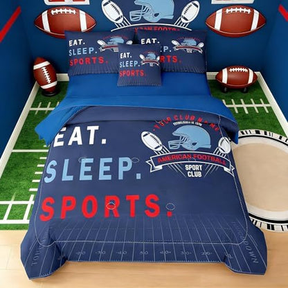 6pc Football Bedding Set for Boys,Queen Size Comforter Sets for Teen,Kids Comforter Set with 1 Quilt+1 Flat Sheet+1 Fitted Sheet+2 Pillowcases+1 Cushion Cover(Football-K Queen)