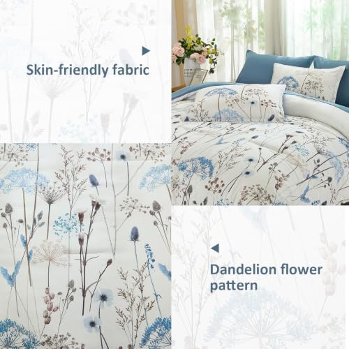 Yiran King Comforter Size Set, 7 Piece Blue Dandelion Floral Bed in a Bag