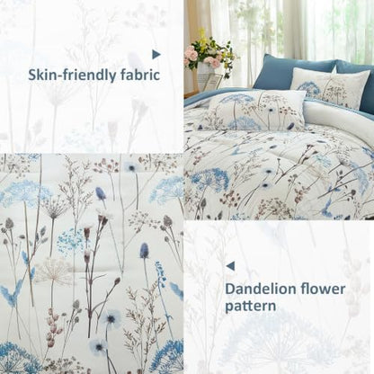 Yiran King Comforter Size Set, 7 Piece Blue Dandelion Floral Bed in a Bag