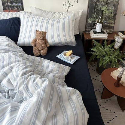 mixinni Vintage Blue & White Striped Duvet Cover Set - 3 Piece 100% Washed Cotton Twin XL Size Bedding | Minimalist Relaxed Style | Ultra Soft Breathable, with Zipper Closure & Corner Ties