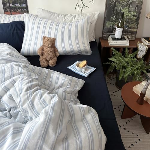 mixinni Vintage Blue & White Striped Duvet Cover Set - 3 Piece 100% Washed Cotton Queen Size Bedding | Minimalist Relaxed Style | Ultra Soft Breathable, with Zipper Closure & Corner Ties-Queen Size