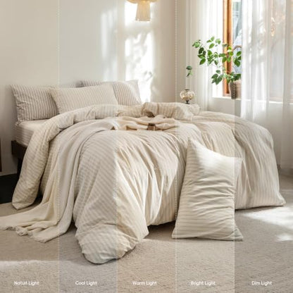 FOSSA Striped Duvet Cover Set 100% Washed Cotton Linen Feel Queen