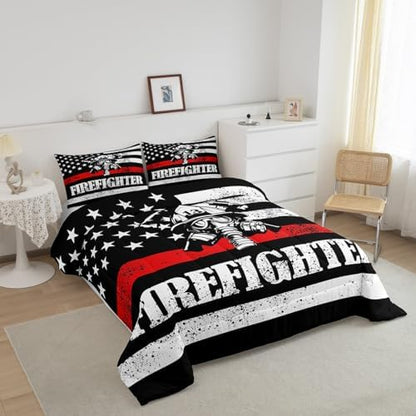 Manfei Firefighter Comforter Set Full Size, American Flag Quilt Set with 2 Pillowcases, Firefighting Theme Bedding Set 3pcs for Kids Boys Teens Bedroom Decor Black White Red Duvet Insert