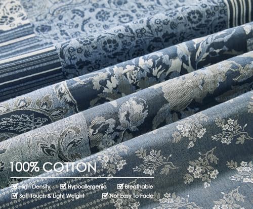 SLEEPBELLA Washed Double Layer Muslin 100% Cotton Comforter Set King Size, Boho Blue Patchwork Fluffy Thick Checked Bedding Set, Soft Breathable (1 Comforter, 2 Pillow Shams)