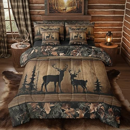 Erosebridal Rustic Cabin Bedding Sets 7 Piece Camo Hunting Deer Comforter Set Twin Farmhouse Woodland Animal Bed in A Bag for Kids Boys Teen Men,Tree Camouflage Wildlife Sheet Set with Comforter