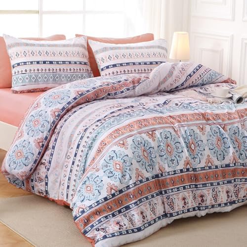 MUXHOMO Boho Pink Bed in a Bag Queen 7 Pieces, Queen Comforter Set Reversible Botanical Flowers Design, Ultra Soft & Breathable Bedding Sets with Comforter, Sheets, Pillowcases & Shams