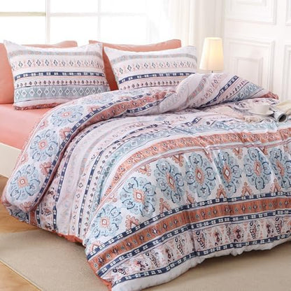 MUXHOMO Boho Pink Bed in a Bag Queen 7 Pieces, Queen Comforter Set Reversible Botanical Flowers Design, Ultra Soft & Breathable Bedding Sets with Comforter, Sheets, Pillowcases & Shams